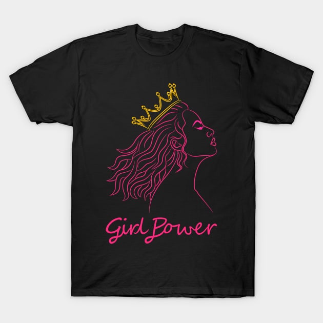 Beautiful girl with curly hair and a golden crown with the text saying "Girl Power" T-Shirt by Pari
